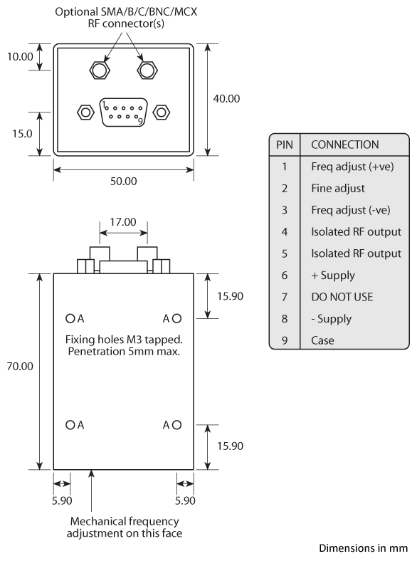 Package footprint and pad configuration drawing for the Golledge HCD220 OCXO showing full dimensions.