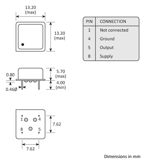 3 pin DIL leaded Golledge oscillator package drawing.