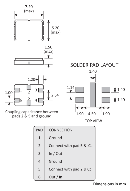 Package footprint and configuration drawing for a 7050 6-pad Golledge 4-pole Crystal Filter showing full dimensions. Package footprint and configuration drawing for a 7050 6-pad Golledge 4-pole Crystal Filter showing full dimensions.