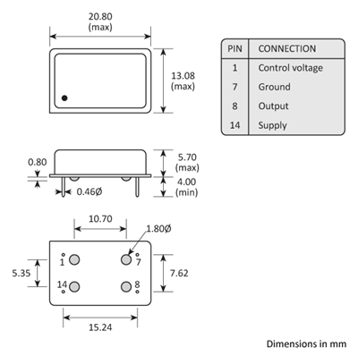 Package footprint and pad configuration drawing for the Golledge GVXO-44F VCXO showing full dimensions.