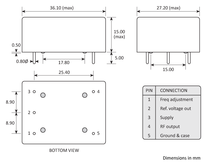 Package footprint drawing for the Golledge HCD300 series pcb mount OCXO.