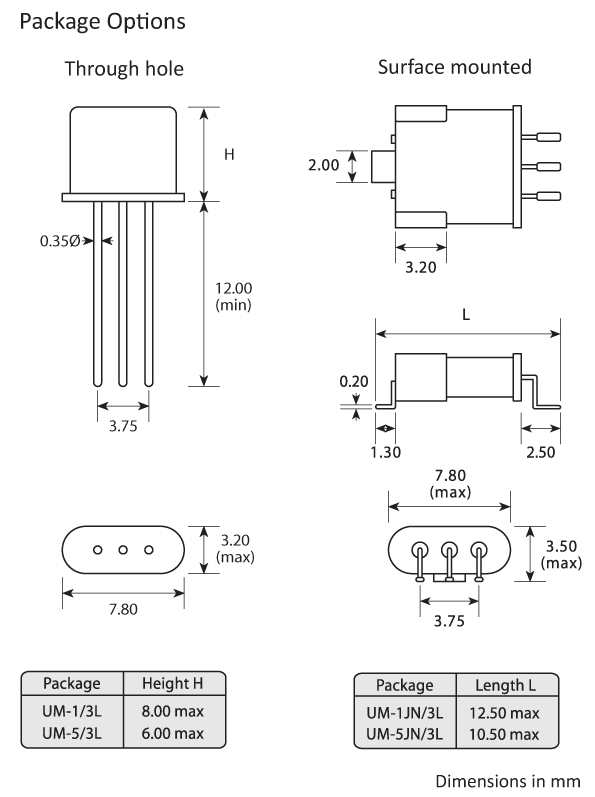 Package footprint and configuration drawing for UM-1 and UM-5 Crystal filters showing SMD options