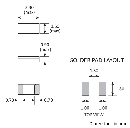 Package footprint and pad configuration drawing for the Golledge CC7 Crystals showing full dimensions.