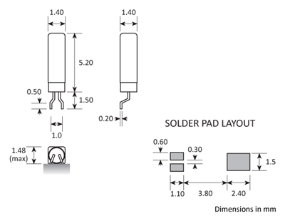 Package footprint and pad configuration drawing for the Golledge MS3V-T1R Crystal showing full dimensions.