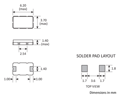 Package footprint and pad configuration drawing for the Golledge GSX-7A Crystal showing full dimensions.