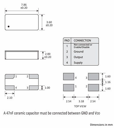 Package footprint and pad configuration drawing for the Golledge 7.9 x 3.6 x 2.2mm Oscillator  