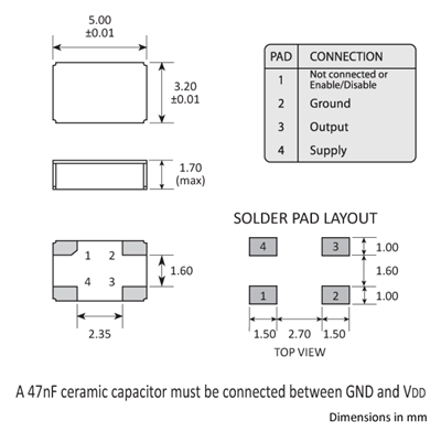 Package footprint and pad configuration drawing for a Golledge 5032 MCSO2 series oscillator.