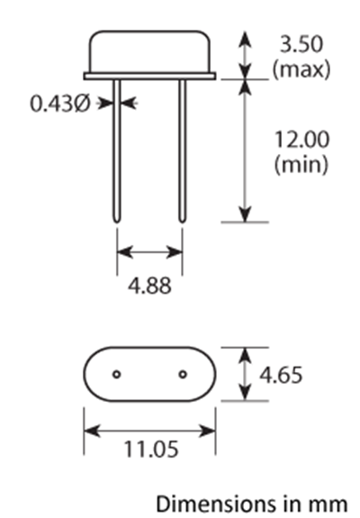 Package footprint and pad configuration drawing for the Golledge HC49-4H Crystal showing full dimensions.