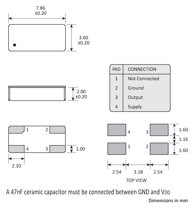 Package footprint and pad configuration drawing for the Golledge 7.9 x 3.6 x 2.2mm Oscillator  