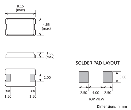 Package footprint and pad configuration drawing for the Golledge GSX-852 Crystal showing full dimensions.
