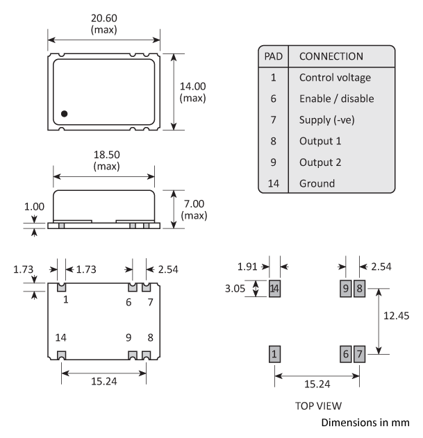 Package footprint and pad configuration drawing for the Golledge GVXO-38 VCXO showing full dimensions. Package footprint and pad configuration drawing for the Golledge GVXO-38 VCXO showing full dimensions.
