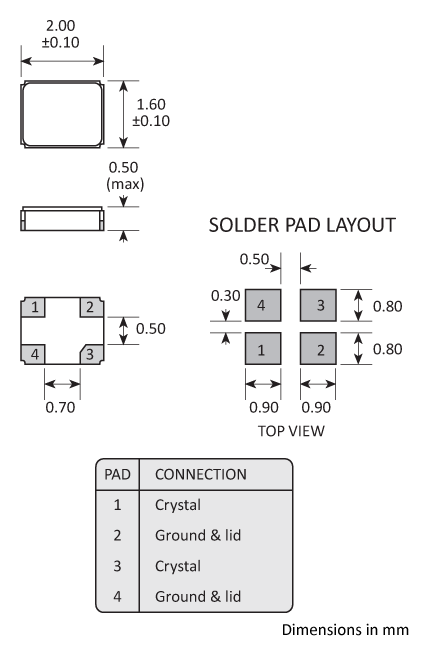 Package footprint and pad configuration drawing for the Golledge GSX-228 Crystal showing full dimensions.