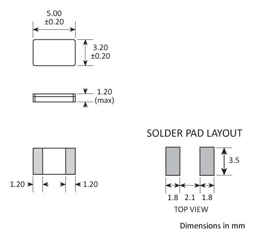 Package footprint and pad configuration drawing for the Golledge CC2A Crystal showing full dimensions.