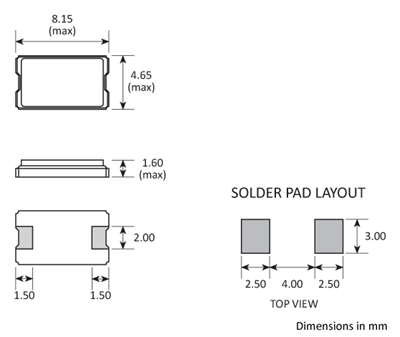 Package footprint and pad configuration drawing for the Golledge GSX-852 Crystal showing full dimensions.