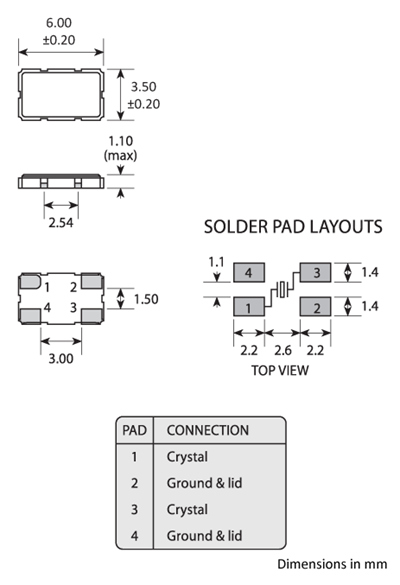 Package footprint and pad configuration drawing for the Golledge GSX-6B Crystal showing full dimensions.