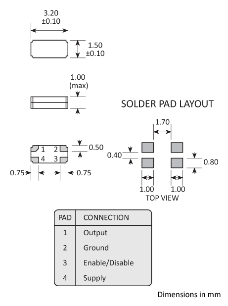 Package footprint and pad configuration drawing for the Golledge OV7604C7 Oscillator showing full dimensions.