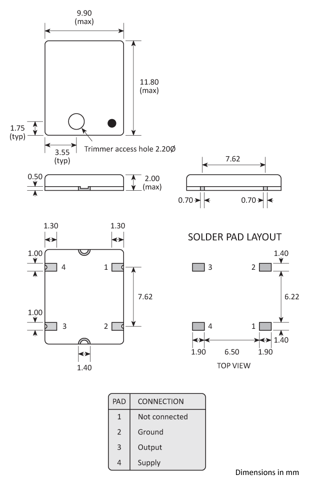 Package footprint and pad configuration drawing for the Golledge GTXO-560T TCXO showing full dimensions.