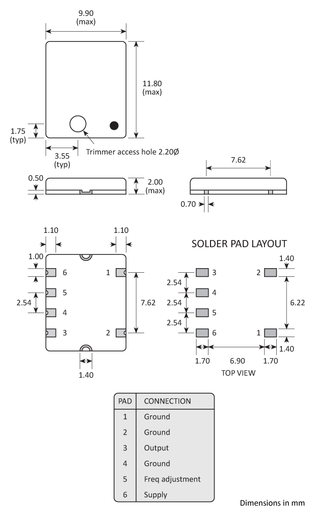 Package footprint and pad configuration drawing for the Golledge GTXO-566V TCXO showing full dimensions.