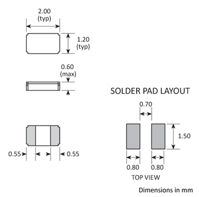 Package footprint and pad configuration drawing for the Golledge CM8 Crystals showing full dimensions.