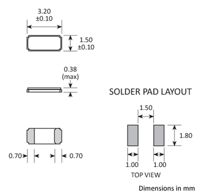 Package footprint and pad configuration drawing for the Golledge CC7 Crystals showing full dimensions.