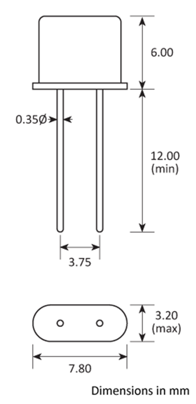 Package footprint and pad configuration drawing for the Golledge UM-5 Crystal showing full dimensions.