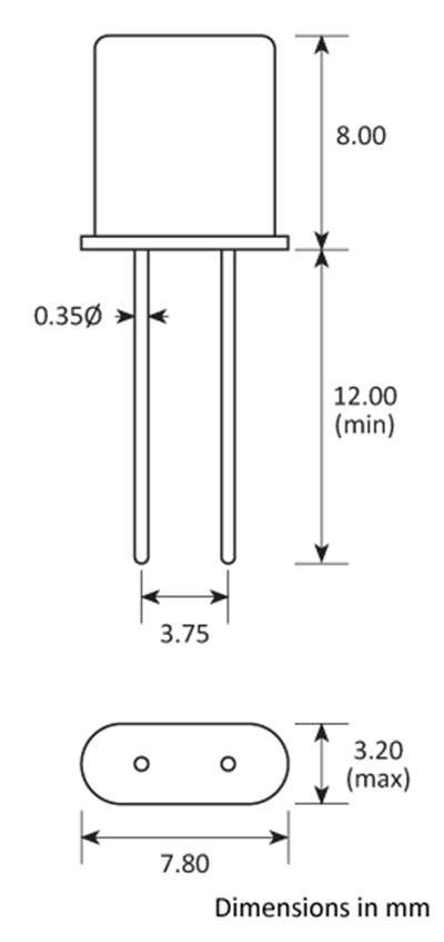 Package footprint and pad configuration drawing for the Golledge UM-1 Crystal showing full dimensions.