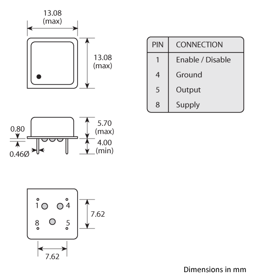 3 pin DIL leaded Golledge oscillator package with enable disable function drawing.