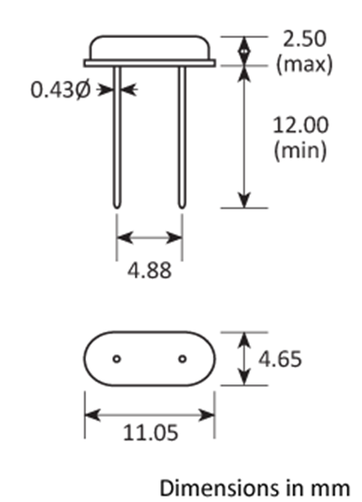 Package footprint and pad configuration drawing for the Golledge HC49-3H Crystal showing full dimensions.