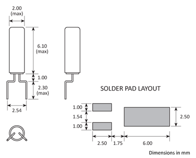 Package footprint drawing for the Golledge 2x6 SMD cylinder package