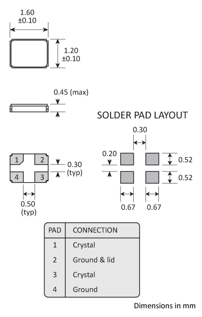 Package footprint and pad configuration drawing for the Golledge 1.6x1.2mm Crystal showing full dimensions.