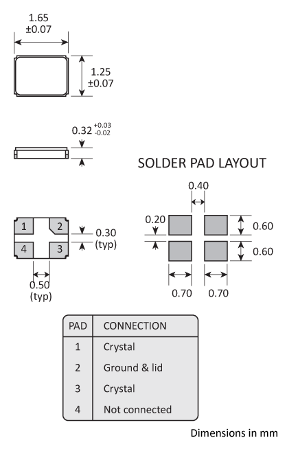 Package footprint and pad configuration drawing for the Golledge GSX-213 Crystal showing full dimensions.
