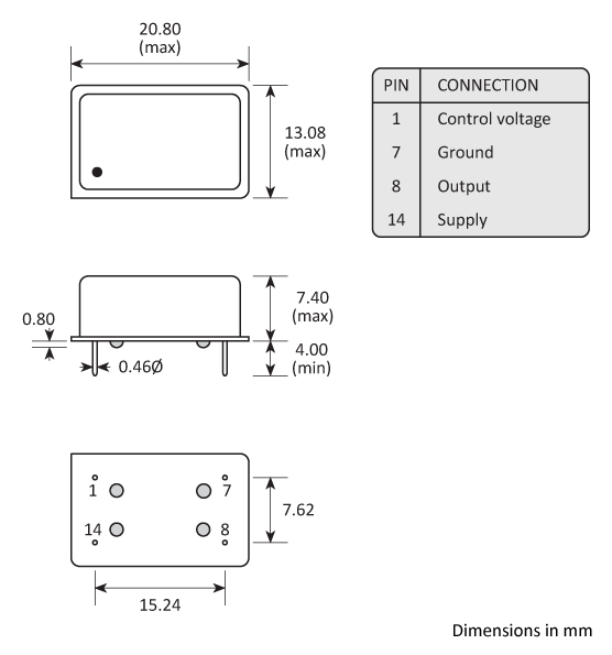 Package footprint and pad configuration drawing for the Golledge GVXO-25 VCXO showing full dimensions. Package footprint and pad configuration drawing for the Golledge GVXO-25 VCXO showing full dimensions.