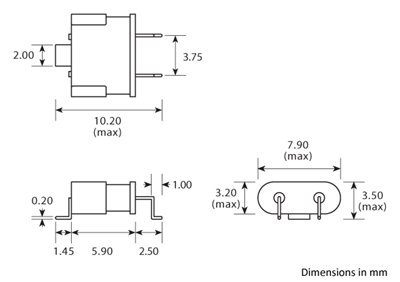 Package footprint and pad configuration drawing for the Golledge UM-5J Crystal showing full dimensions.