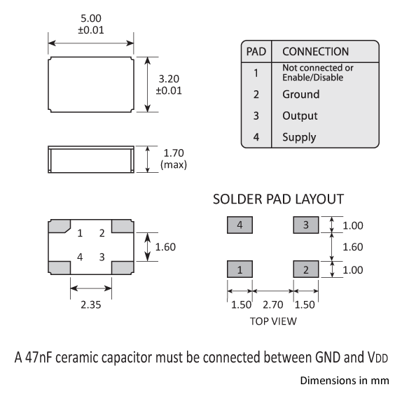 Package footprint and pad configuration drawing for a Golledge 5032 MCSO2 series oscillator.